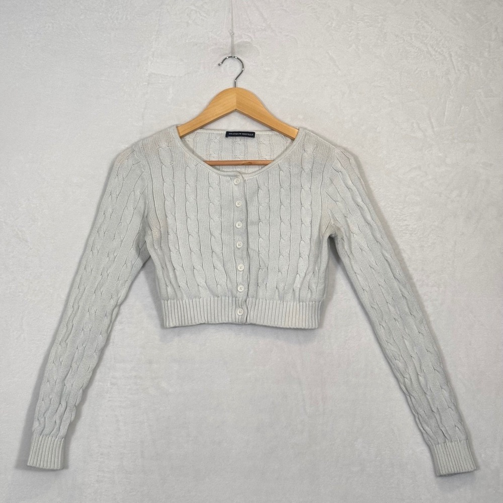 Brandy Melville White Cable Knit Cropped Cardigan One Size